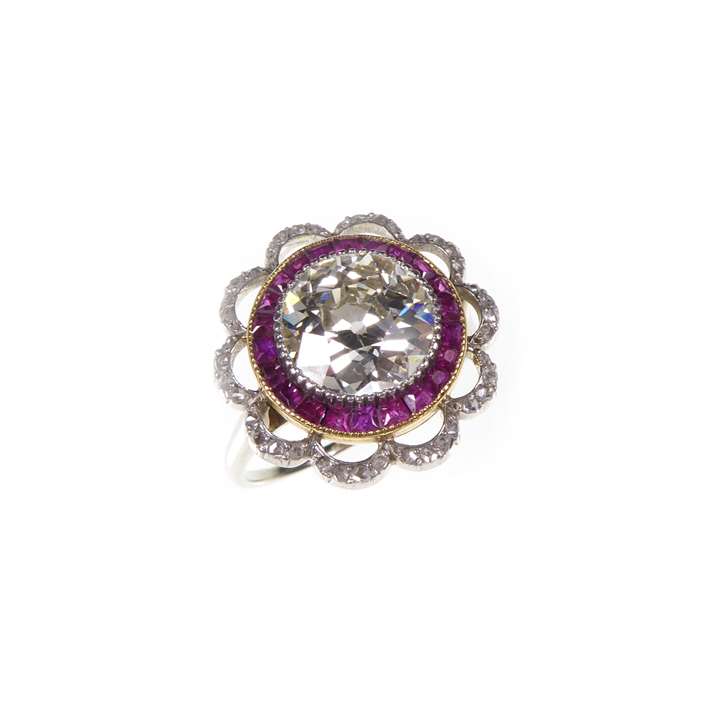 Diamond, ruby and diamond flowerhead cluster ring, set with a principal old round brilliant cut diamond